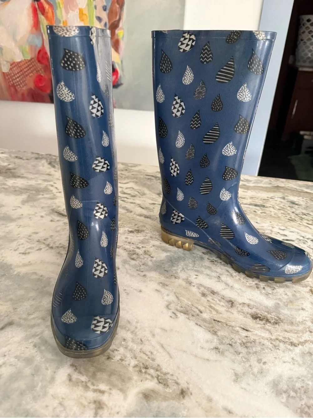 Toms Navy Rain Boots with Black & White Raindrop Print